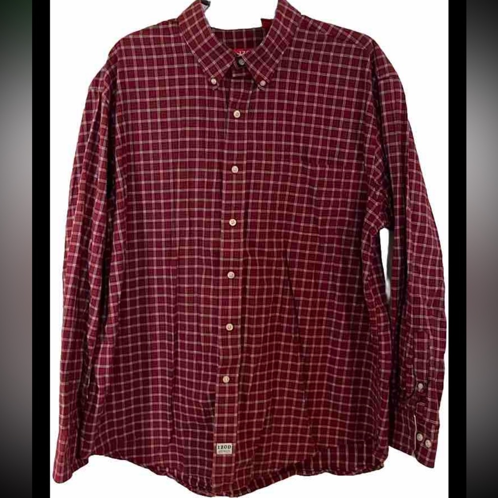 Izod Men’s Red White Blue Check Long Sleeve Button Down w Pkt Sz XL
